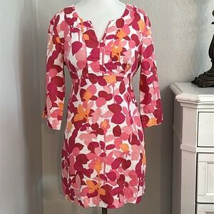 Boden Linen 3/4‎ Sleeve Casual Dress Leaf Print Pink Orange Size 8 Petite